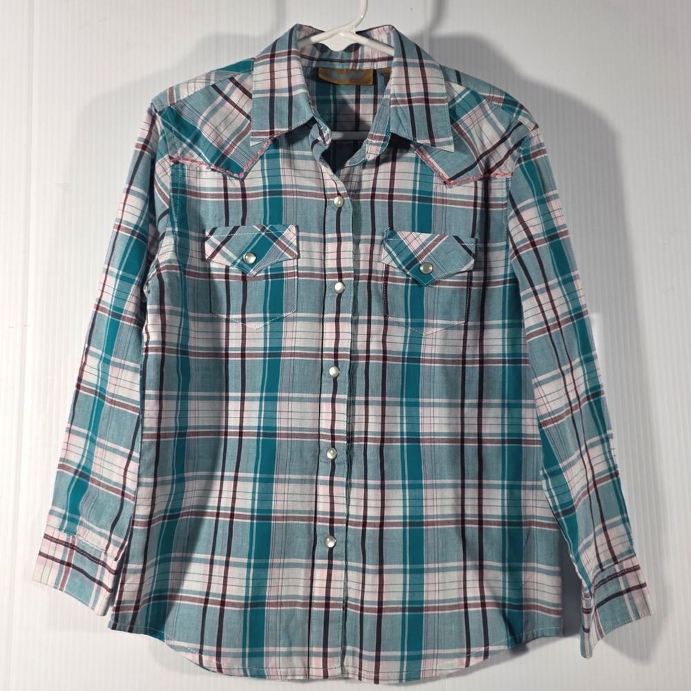 Wrangler Girls/Womens Western Pearl Snap‎ Plaid Shirt Teal White Small GW3091M